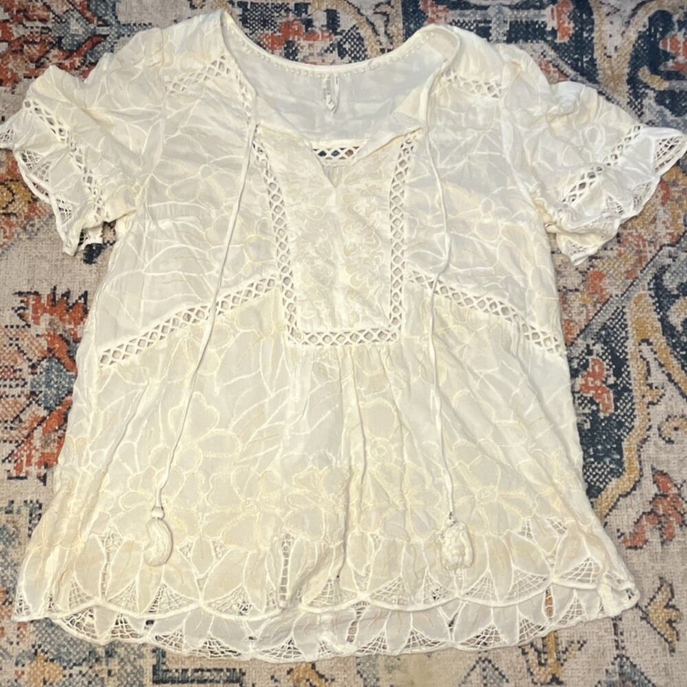 Anthropologie Feather Bone White Cotton Lace Embroidered Short Sleeve Blouse 4